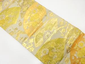 アンティーク　地紙に片輪車・菊・牡丹模様織り出し袋帯(着用可)